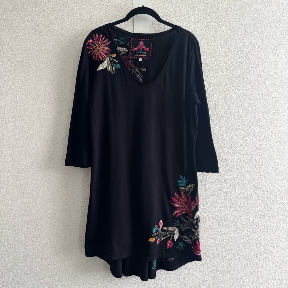 Johnny Was JWLA Black 3/4 Long Sleeve Floral Embroidered Tunic Shirt Dress Boho - Picture 2 of 9